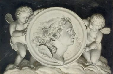 Zephyr in een geschilderde rondel ondersteund door putti zwevend op wolken